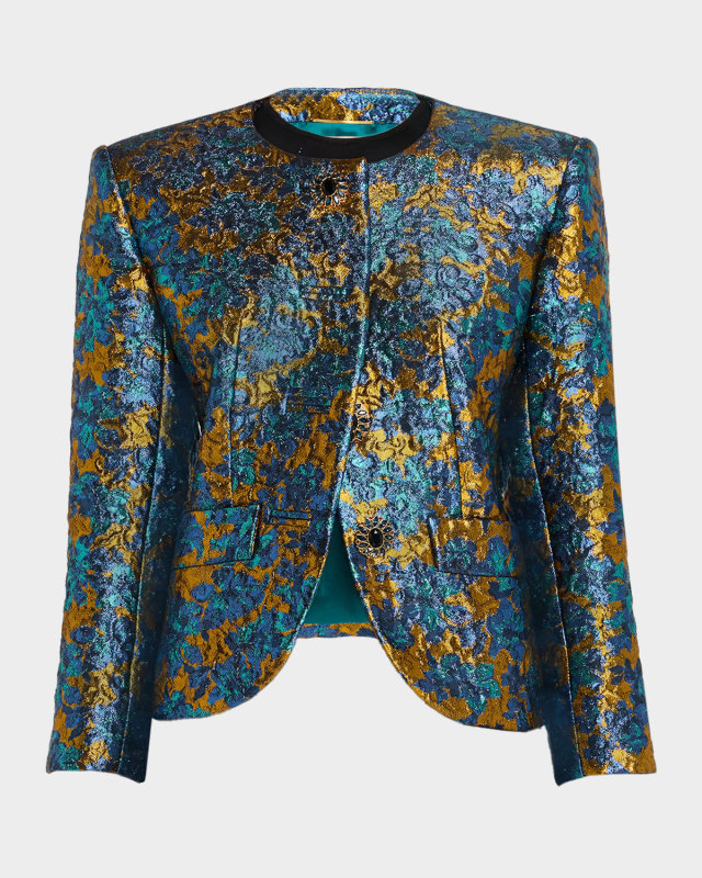 Metallic Floral Brocade Single-Breasted Jacket